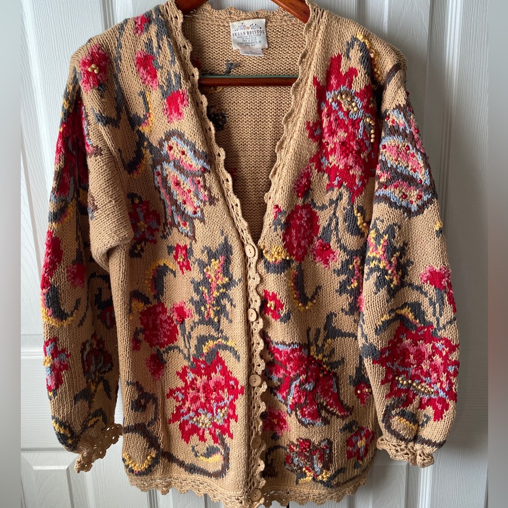 Susan Bristol Floral Knit Cardigan - Red and Tan